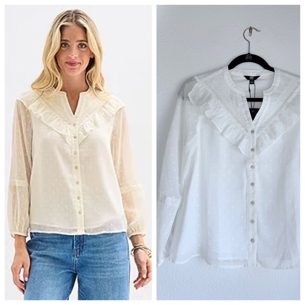 NEW Frye and Co. Womens Split Crew Neck Long Sleeve Blouse in White Size Small